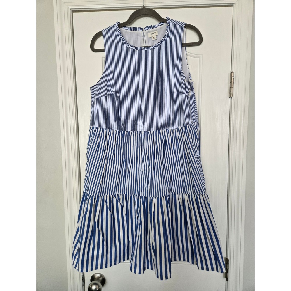 J.Crew Blue White Striped Tiered‎ Ruffle Mini Dress Sleeveless Side Zip Size 8